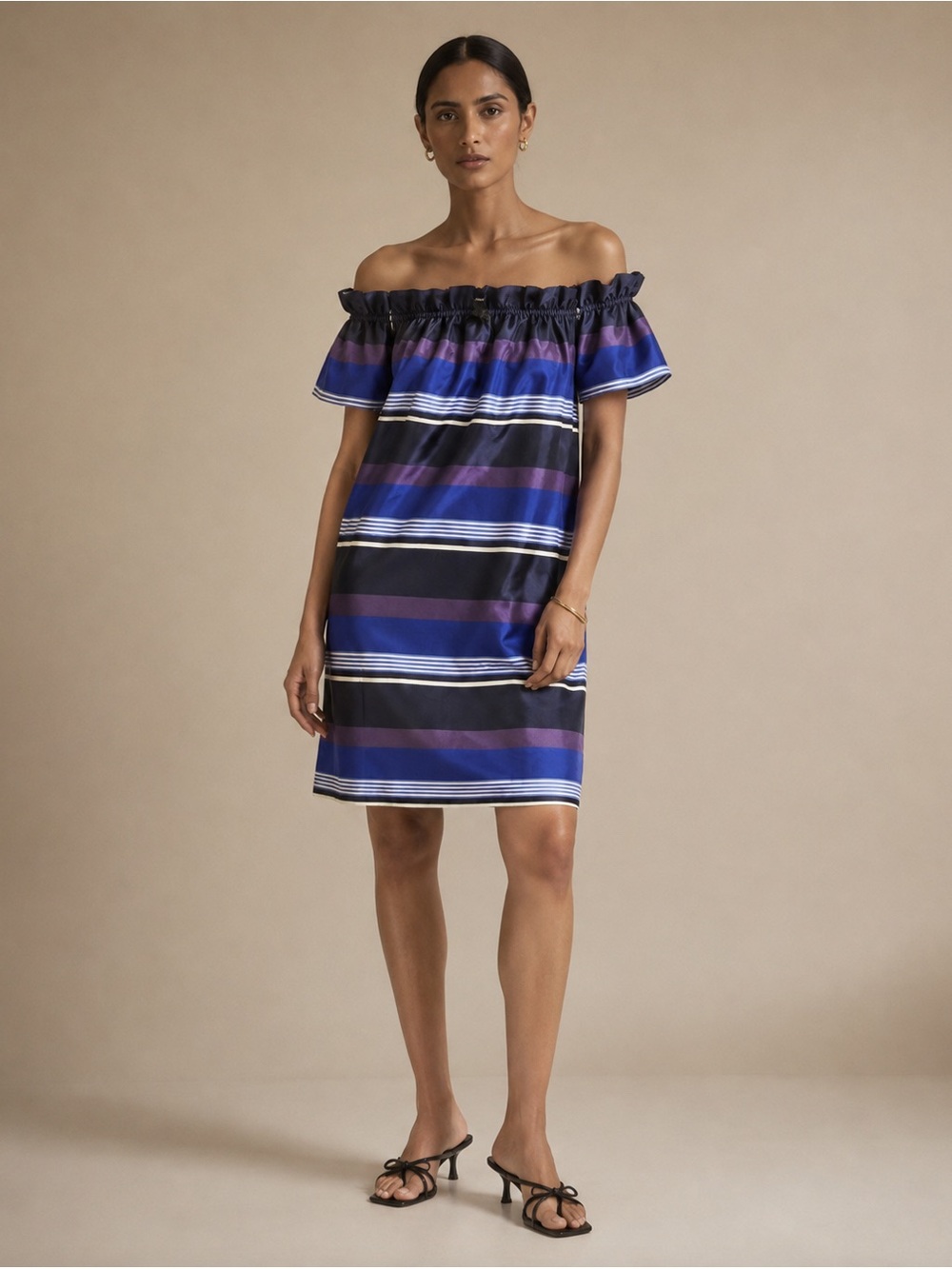 Banana Republic 110% Silk Blue and Purple Stripes Midi Dress w/ Pockets Size XL